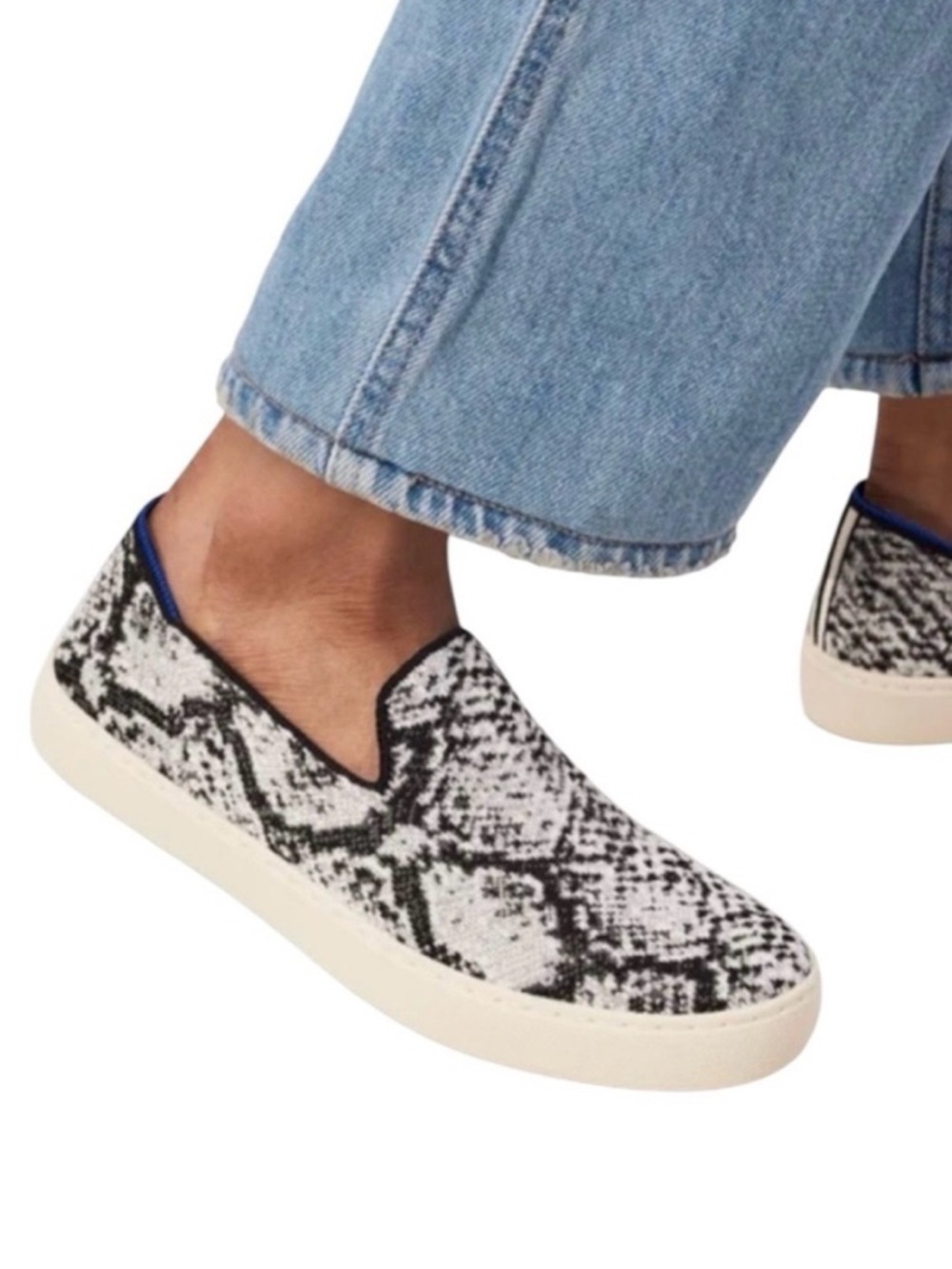 Rothy's The Original Slip- On Black and Cream Snake Print Washable Sneakers 9.5